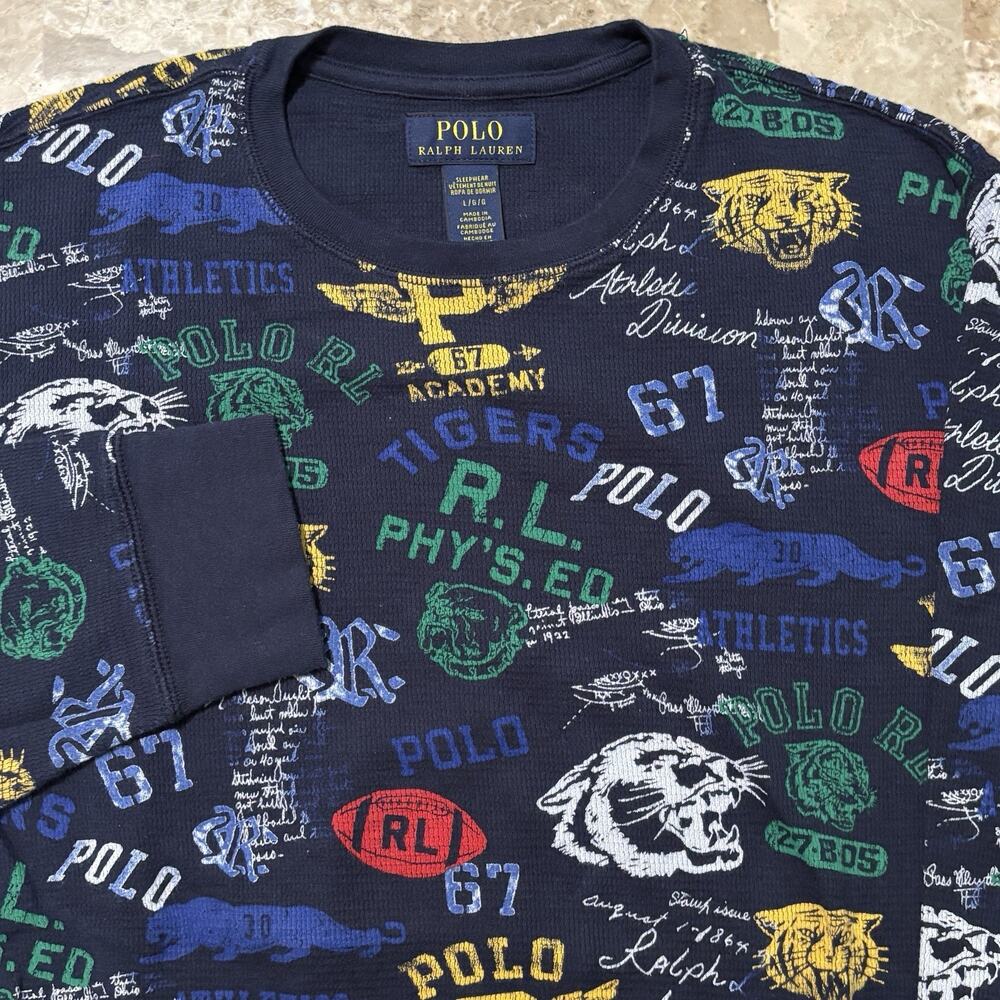 Polo Ralph Lauren Shirt Mens Large Blue Tigers Varsity Long Sleeve Thermal Sleep